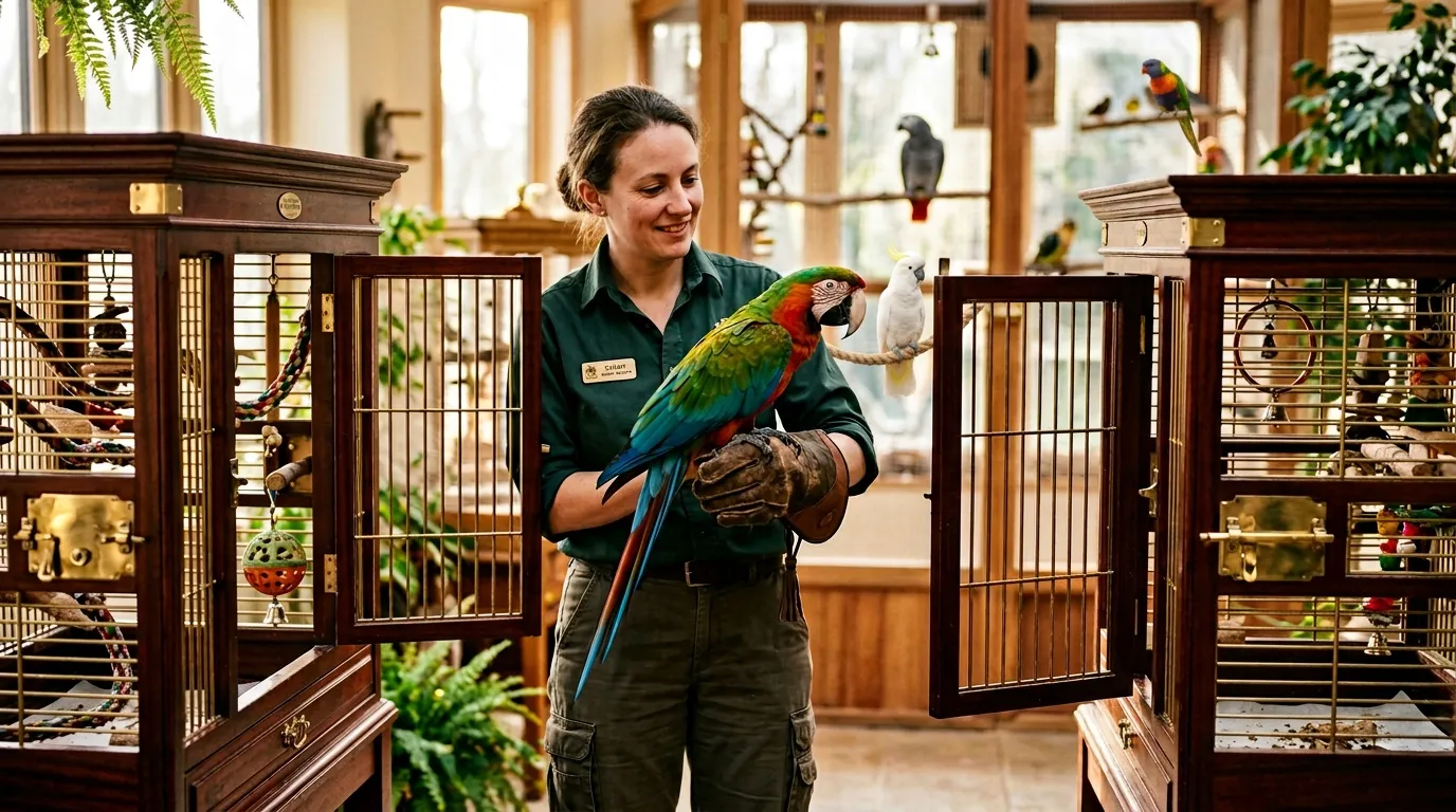 Femme en uniforme vert tenant un perroquet coloré entre cages d'oiseaux