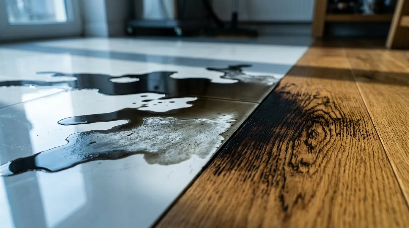 Flaques d'eau et dommages sur plancher en bois