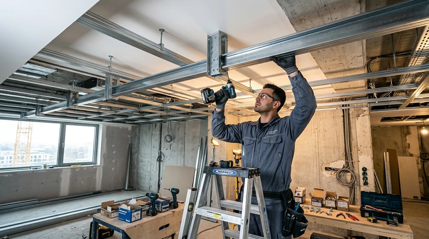 Ouvrier installe structure m&eacute;tallique plafond suspendu chantier