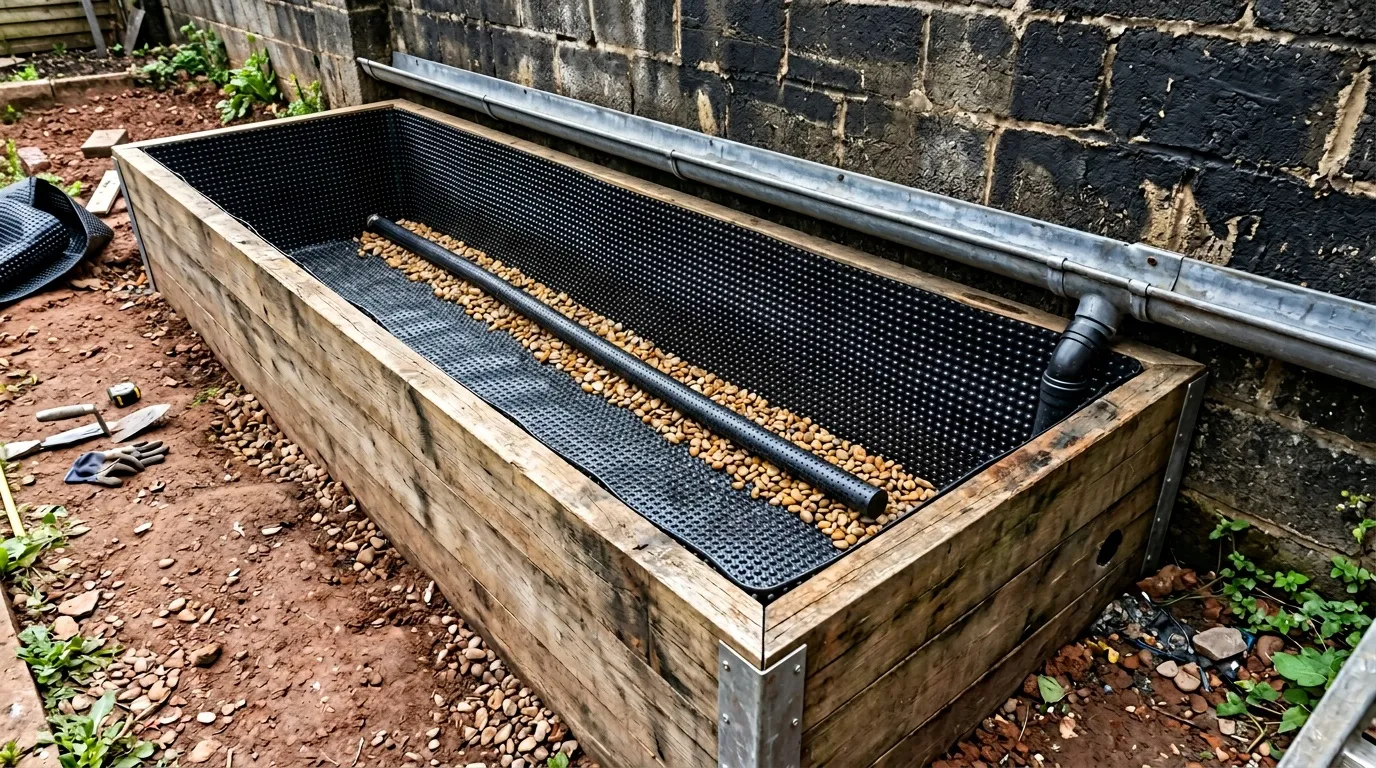 Bac en bois avec grille et gravier pour filtration d'eau