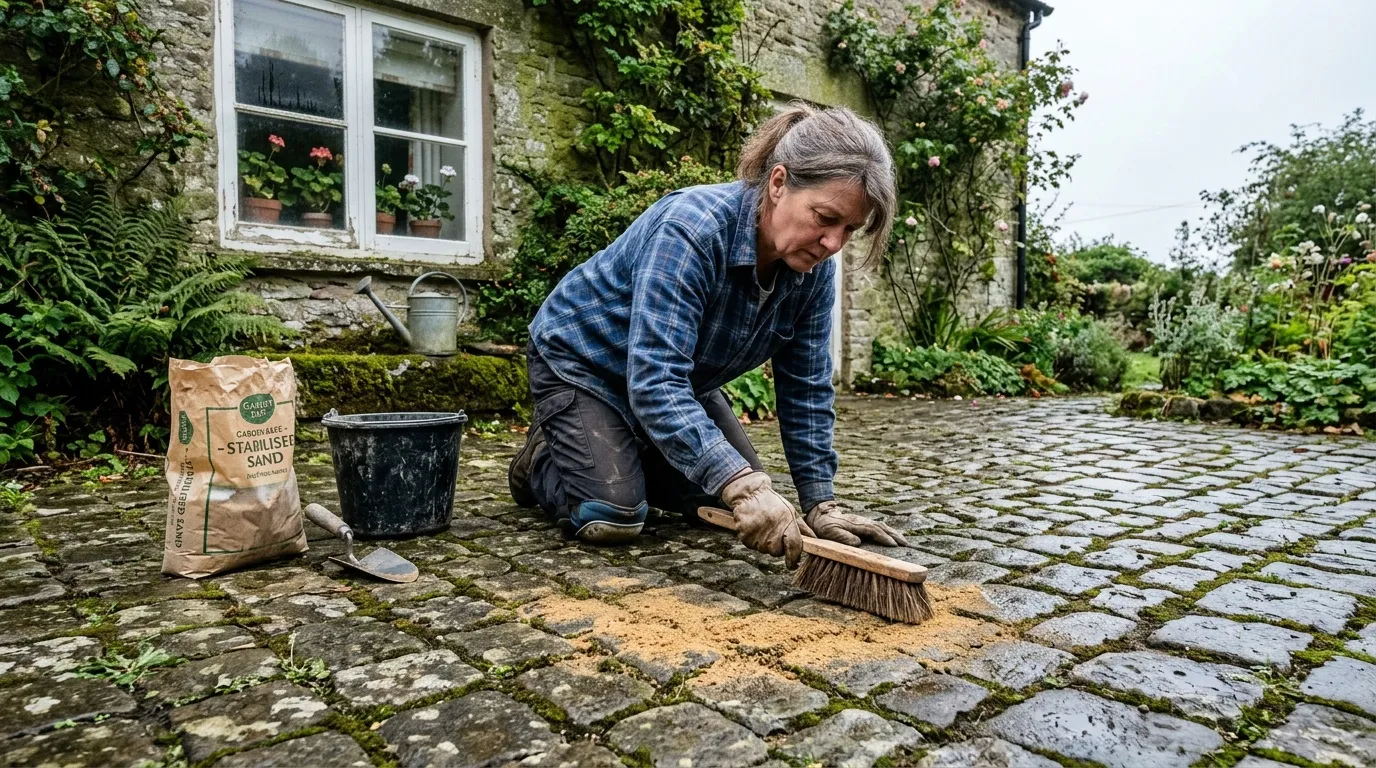 Femme brossant une all&eacute;e en pierre dans un jardin