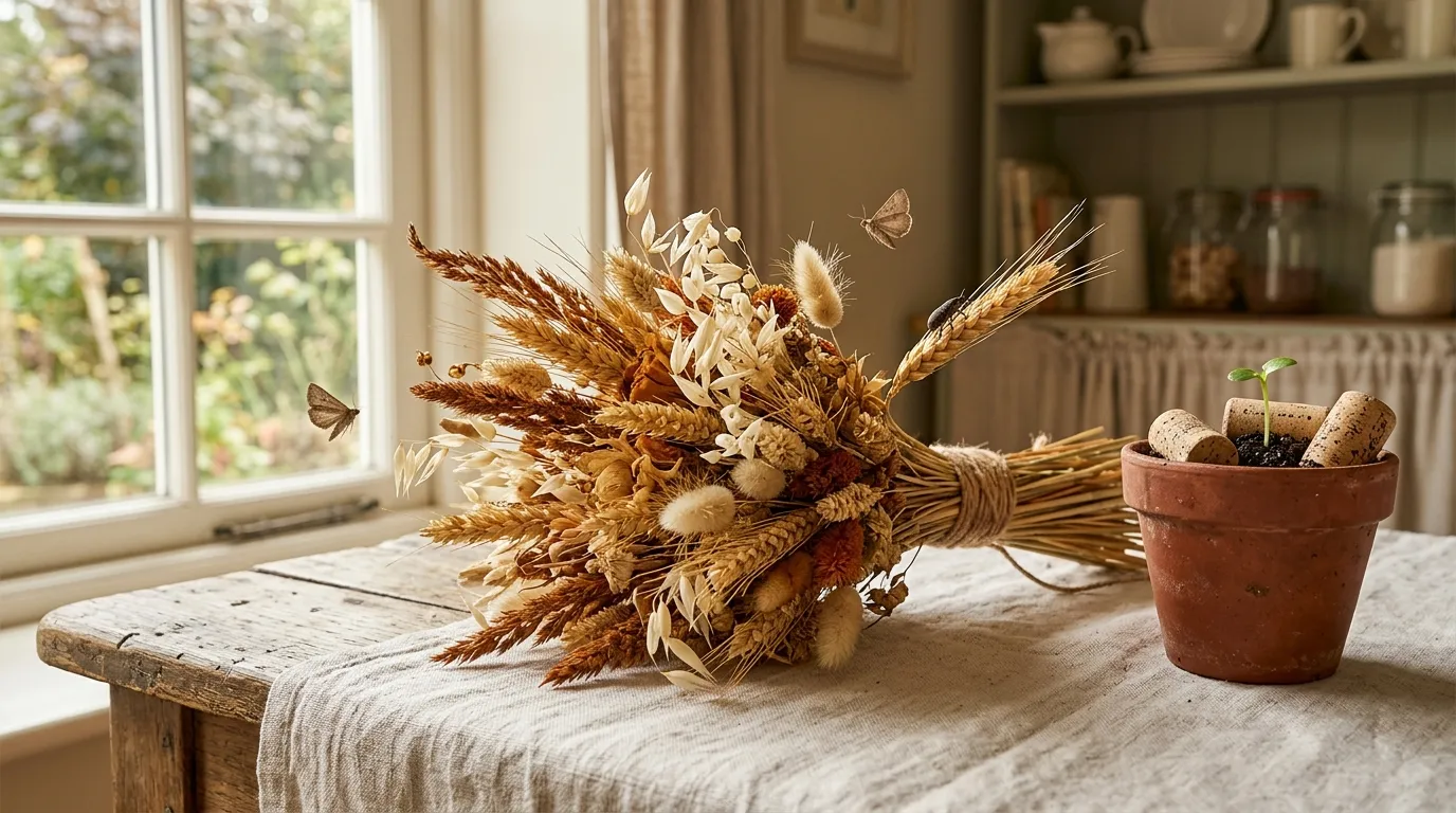 Bouquet de fleurs s&eacute;ch&eacute;es, bl&eacute; et papillons sur table lumineuse