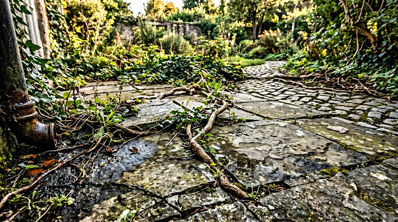 All&eacute;e pav&eacute;e couverte de mousse et plantes envahissantes dans jardin