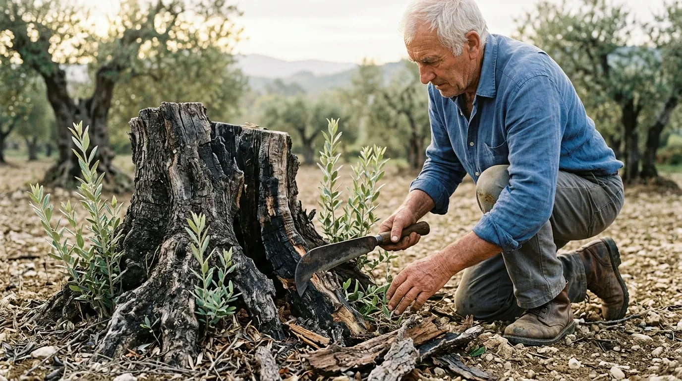 Homme &acirc;g&eacute; creusant autour d'un vieux tronc d'olivier
