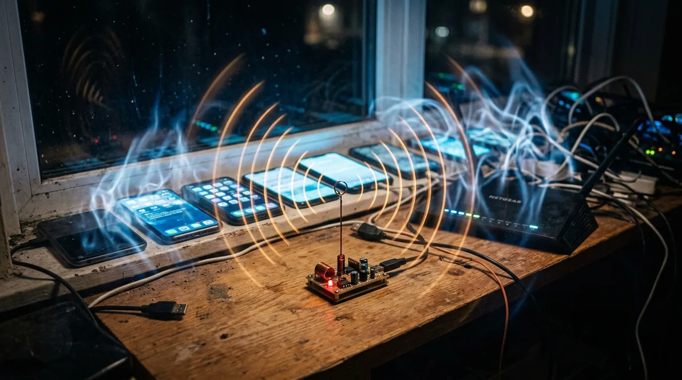 Appareil &eacute;metteur wifi entour&eacute; de smartphones brillants