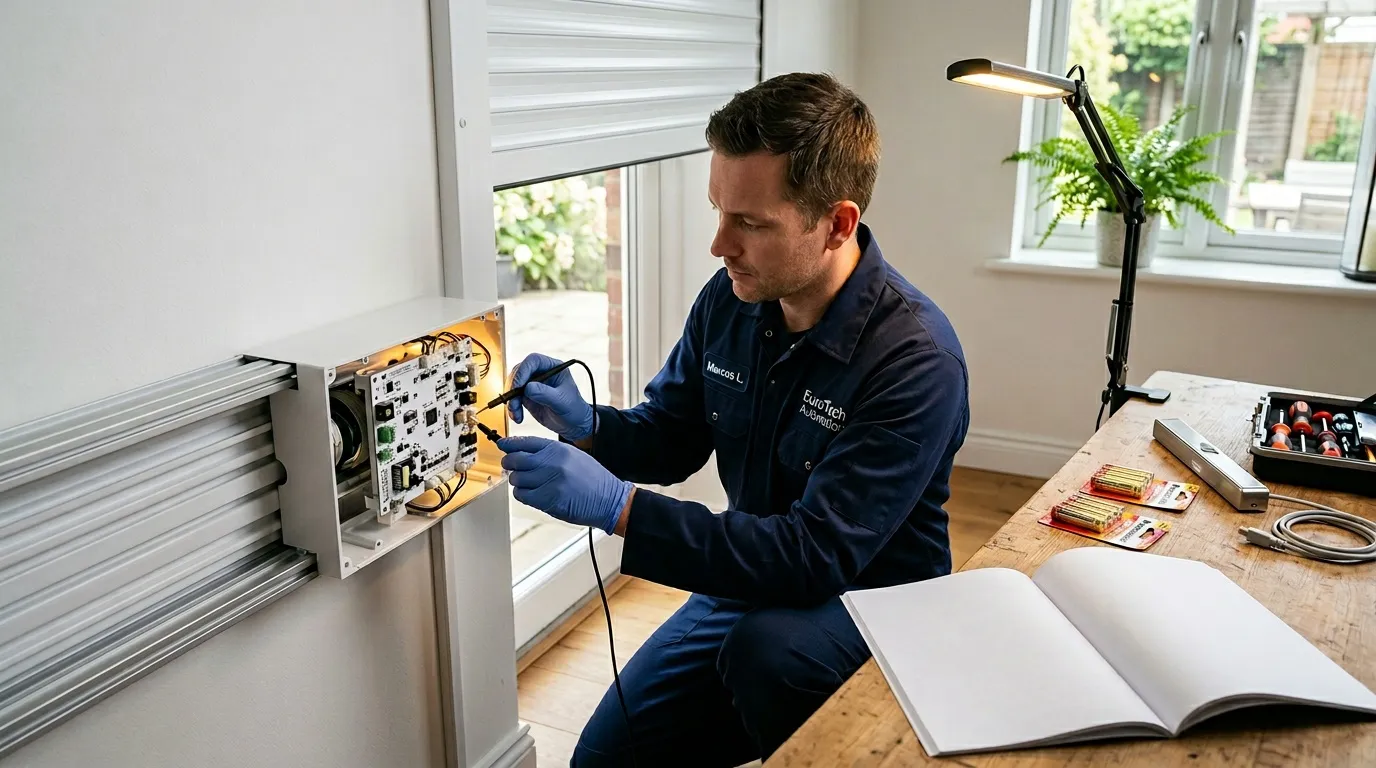 Technicien en bleu r&eacute;pare panneau contr&ocirc;le domotique