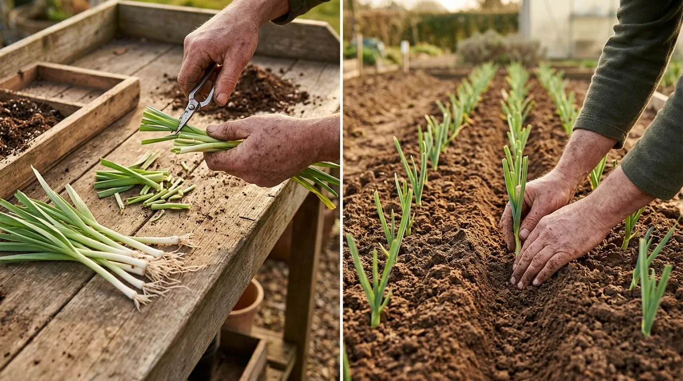Mains plantant des jeunes poireaux dans la terre du jardin