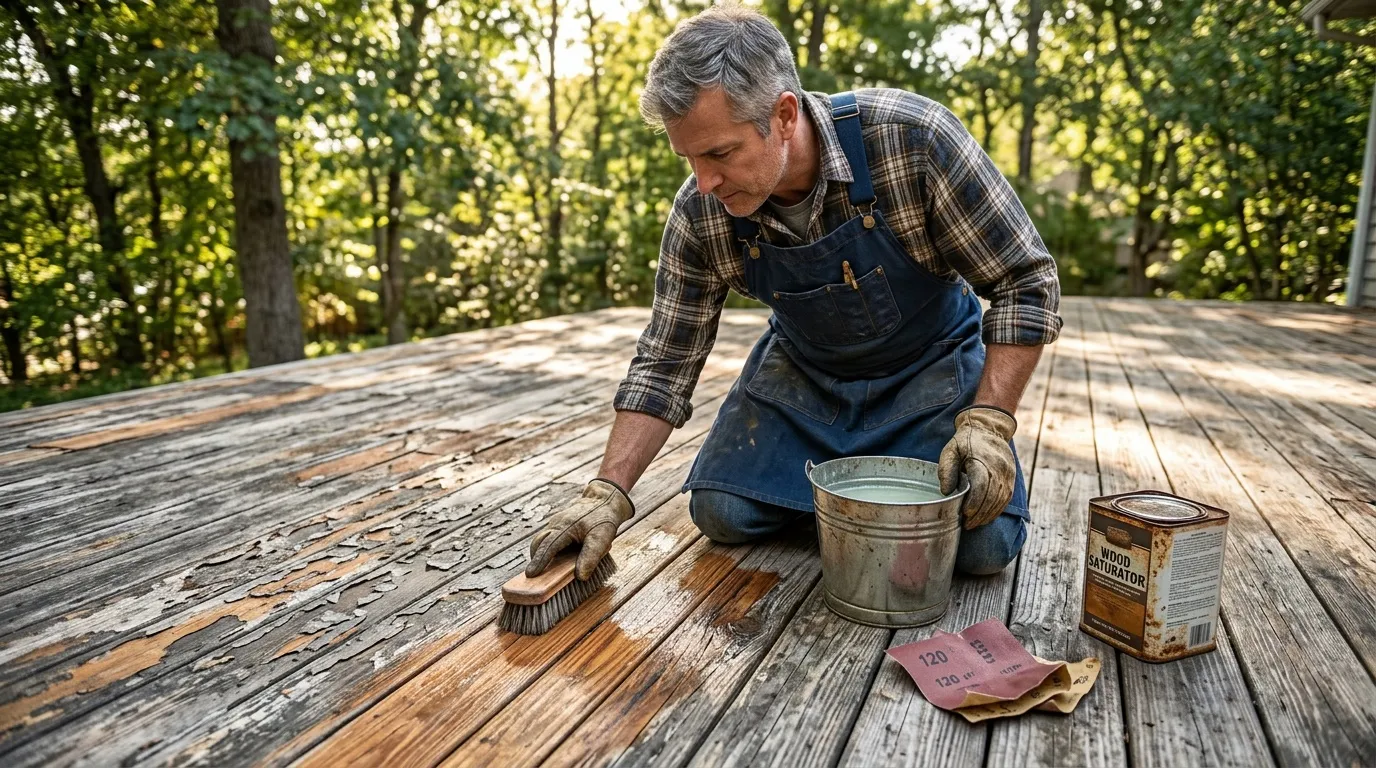 Homme appliquant saturateur sur planches de bois ext&eacute;rieur