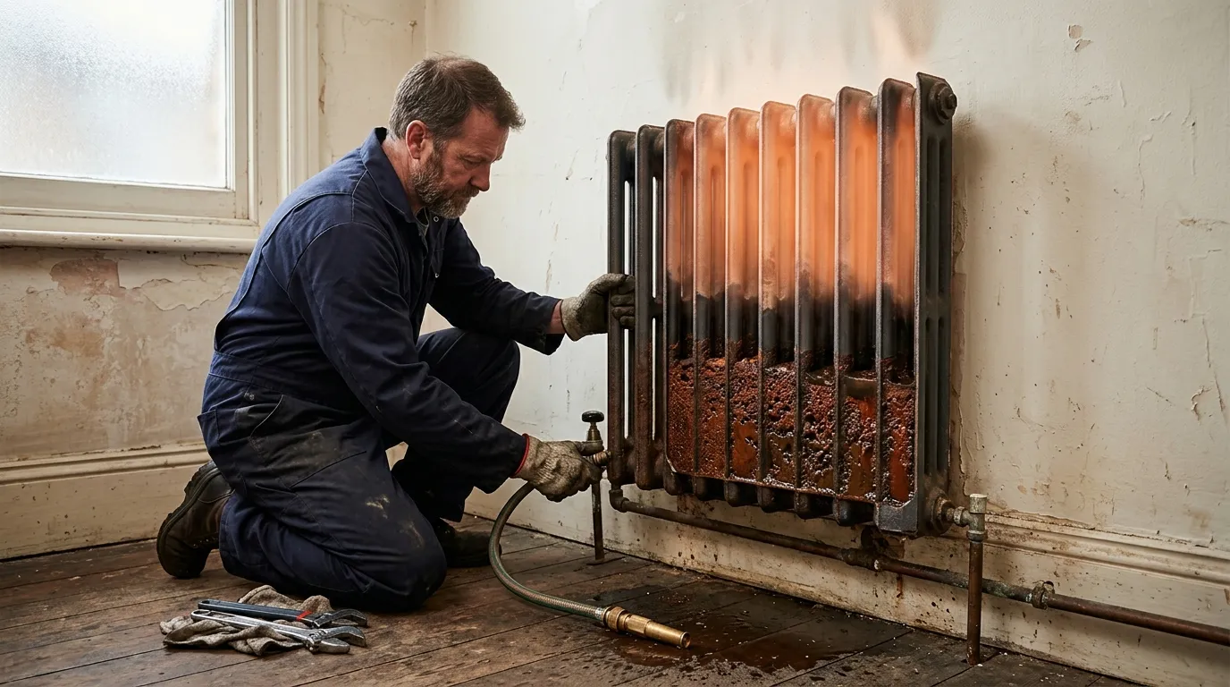 Plombier répare un radiateur rempli de rouille