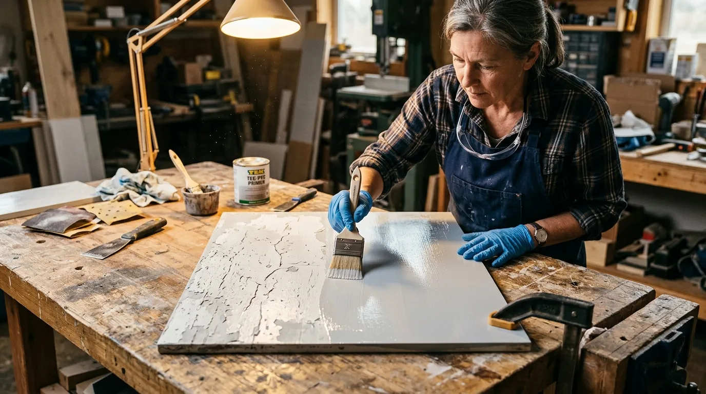 Femme peintre appliquant de la peinture blanche sur un panneau