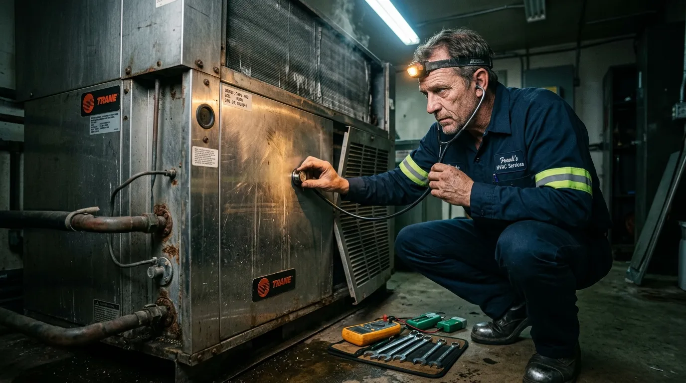 Technicien vérifie unité HVAC Trane avec équipement diagnostic