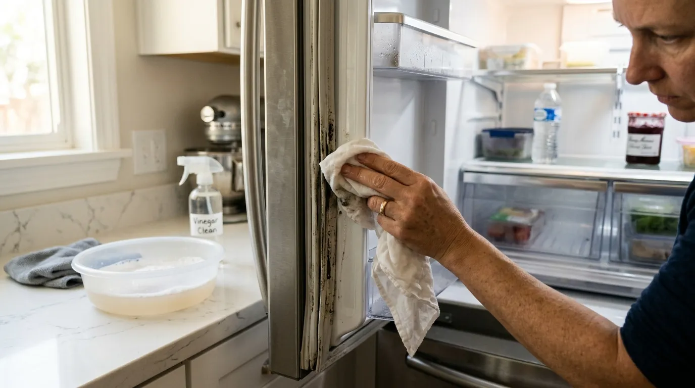 Homme nettoyant la vitre du r&eacute;frig&eacute;rateur avec un chiffon blanc
