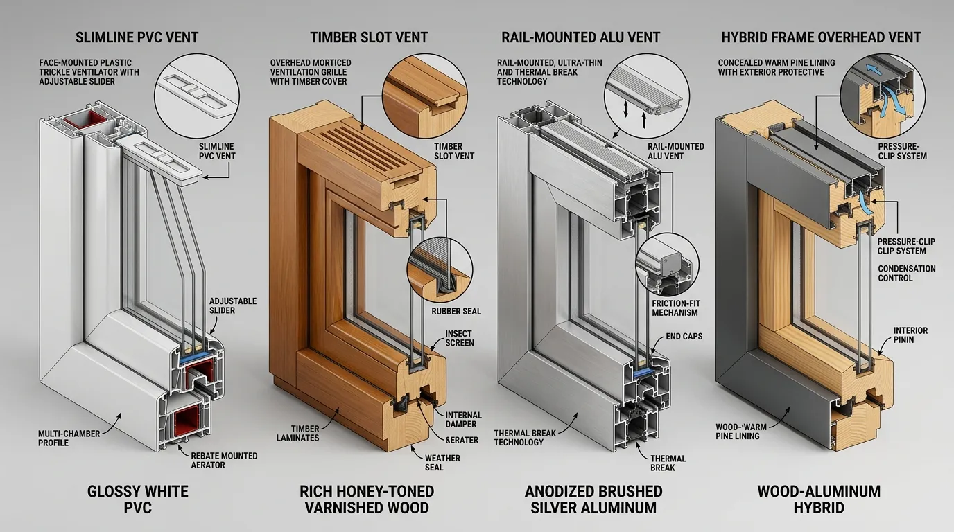 Quatre types de vents de fen&ecirc;tre avec leurs composants d&eacute;taill&eacute;s