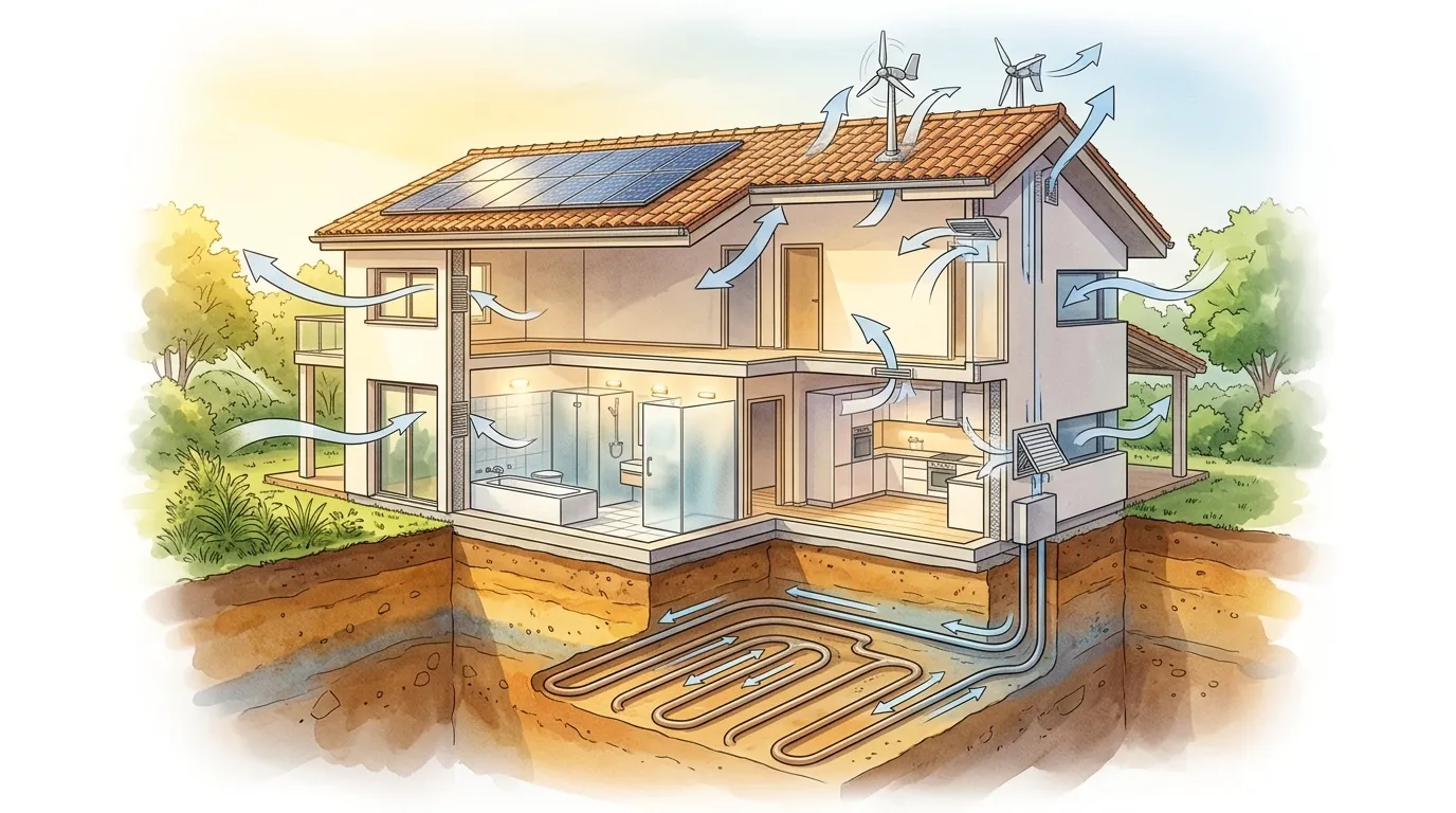 Maison durable avec panneaux solaires, &eacute;oliennes et chauffage g&eacute;othermique