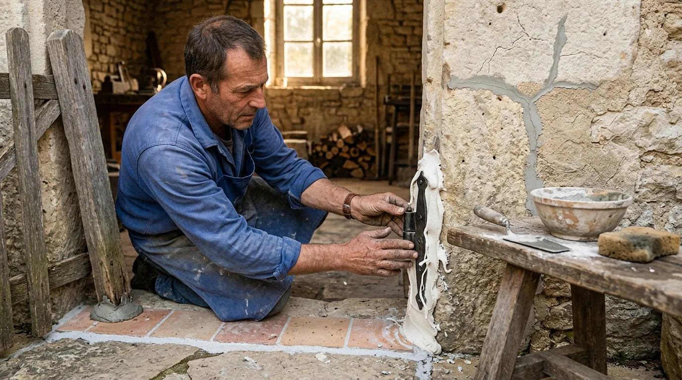 Homme en bleu appliquant du pl&acirc;tre blanc sur un mur de pierre