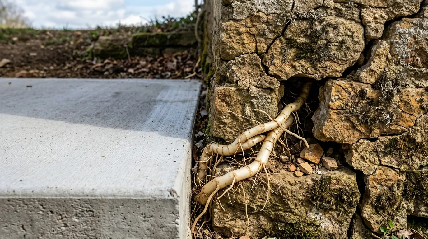 Racines épaisses sortant d'un mur de pierre fissuré