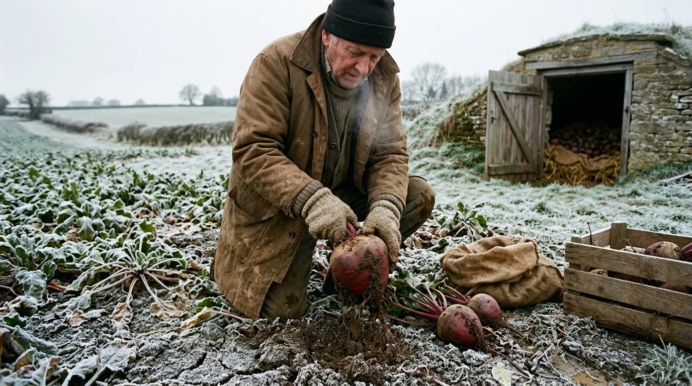 Agriculteur r&eacute;coltant des betteraves rouges gel&eacute;es dans un champ.