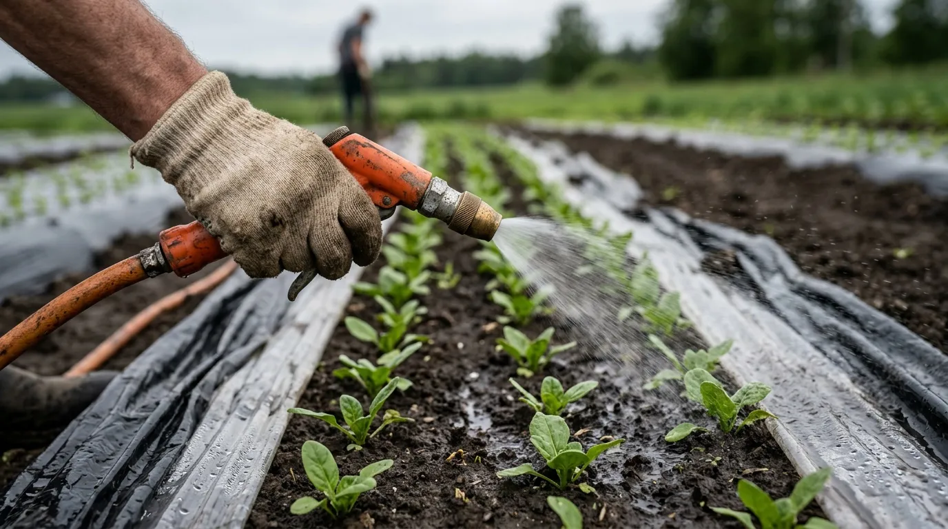 Main arrosant des jeunes plants en rang&eacute;es avec tuyau