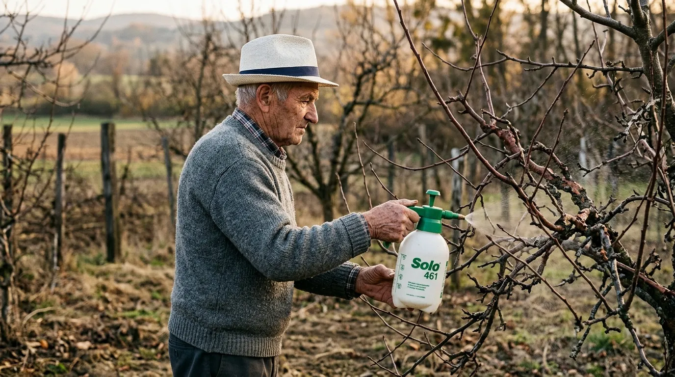 Homme &acirc;g&eacute; pulv&eacute;rise produit phytosanitaire sur ceps vignes
