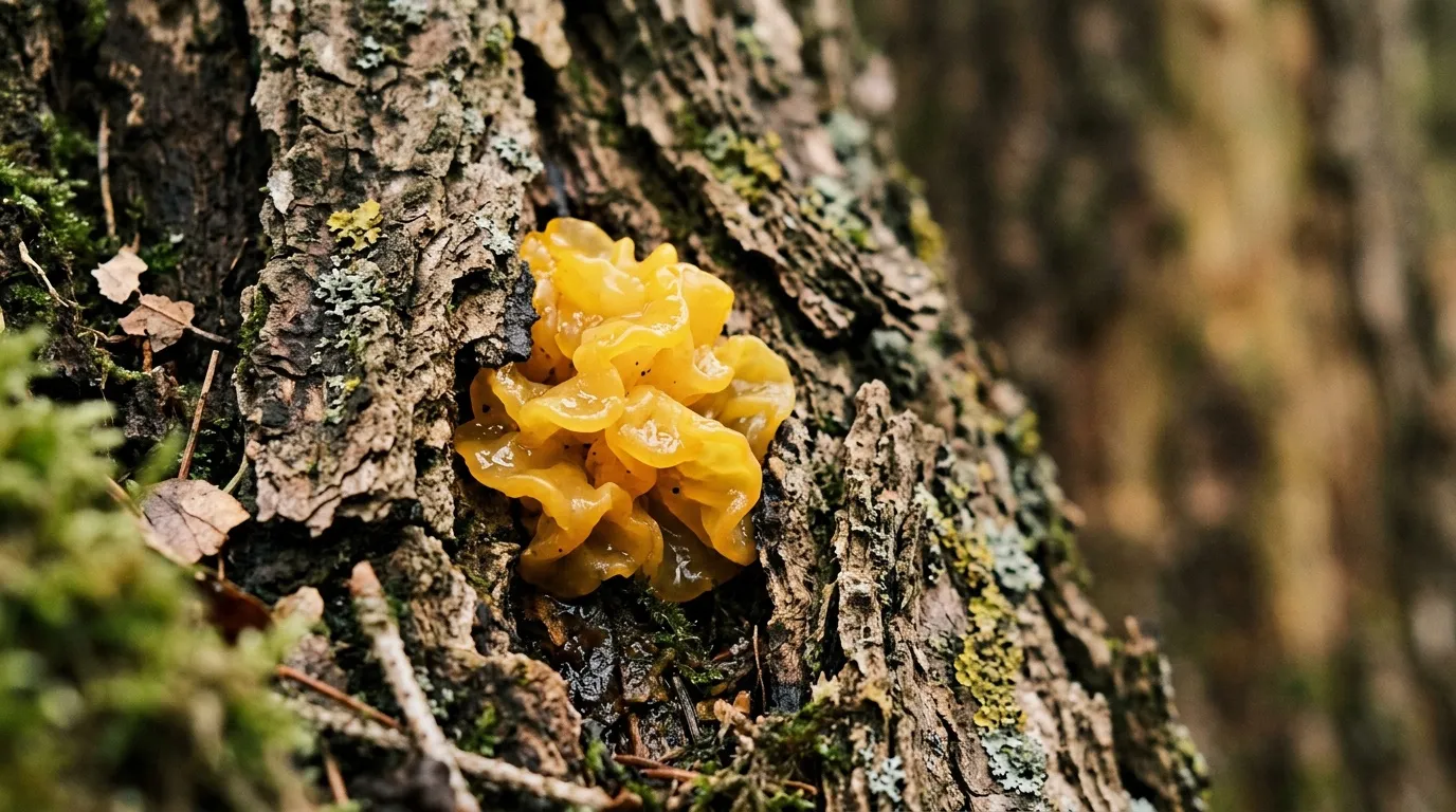Champignon jaune g&eacute;latineux pousse sur &eacute;corce couverte de mousse verte