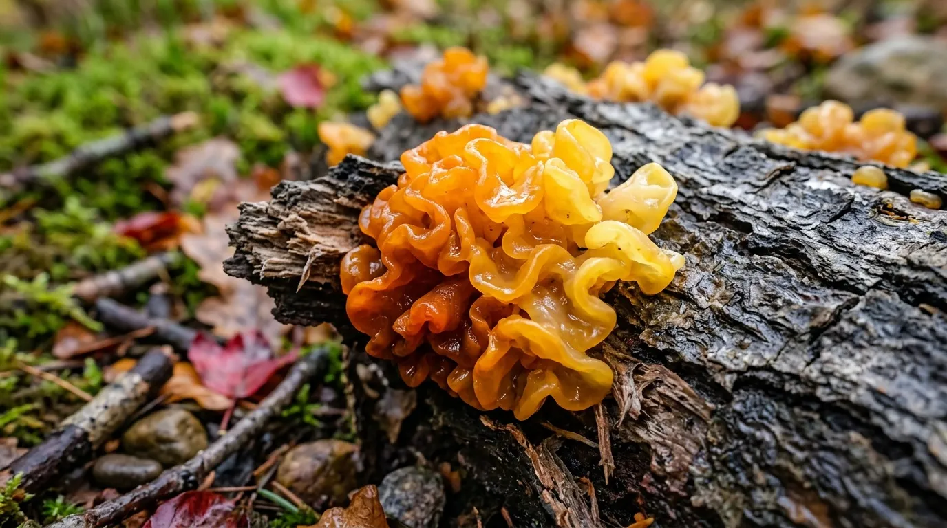 Tremelles miel jaune-orange sur bois mort moussu
