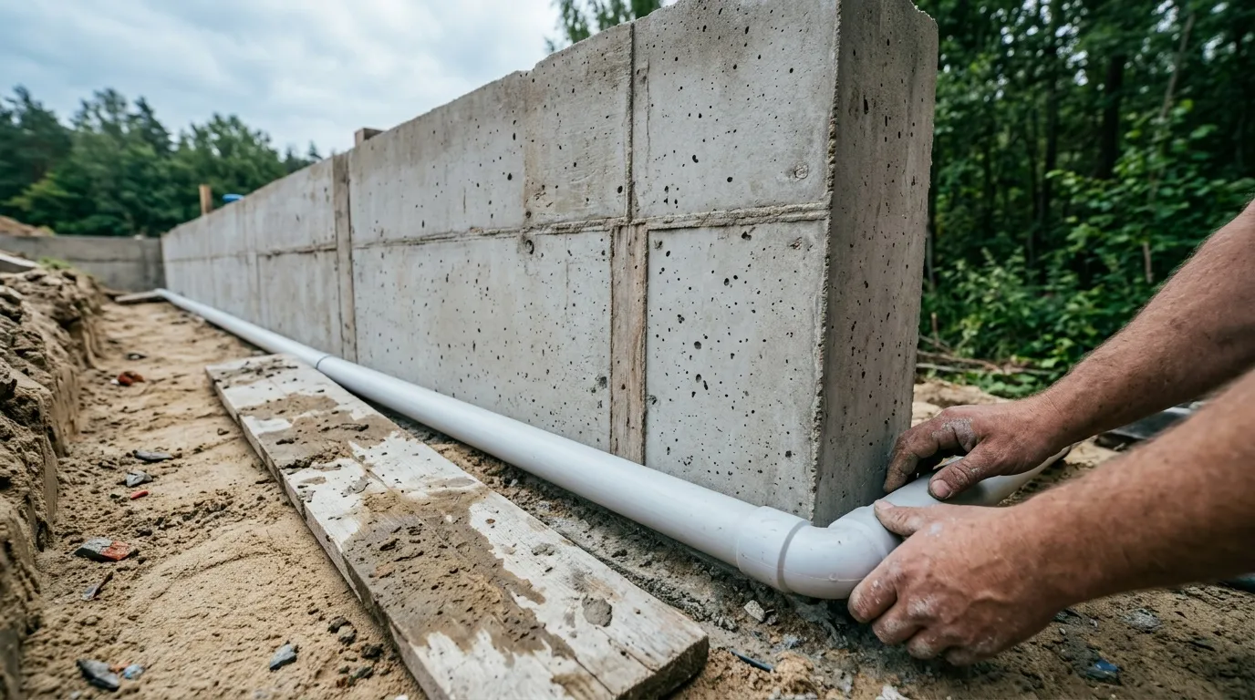 Ouvrier installe tuyau drainage blanc fondation b&eacute;ton chantier