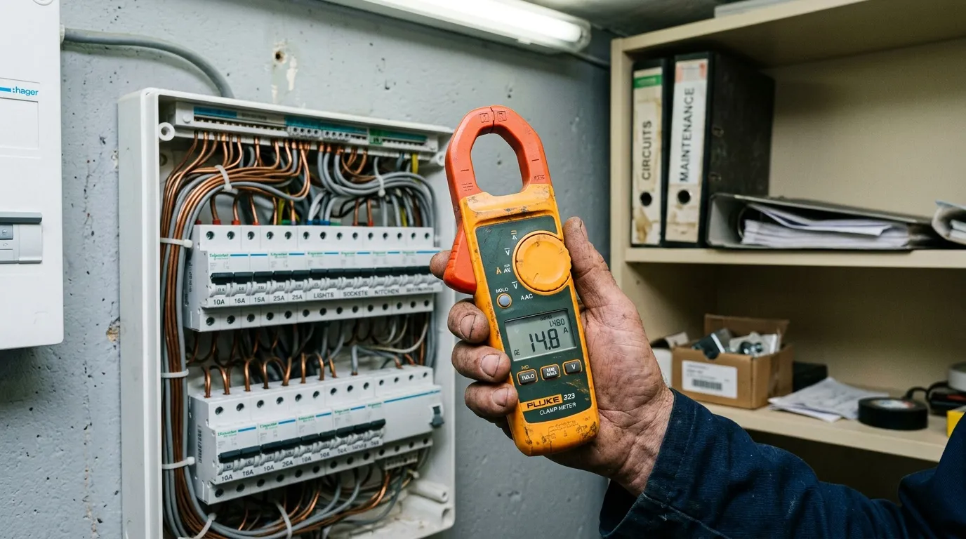 Électricien mesurant l'ampérage avec un multimètre sur un panneau électrique