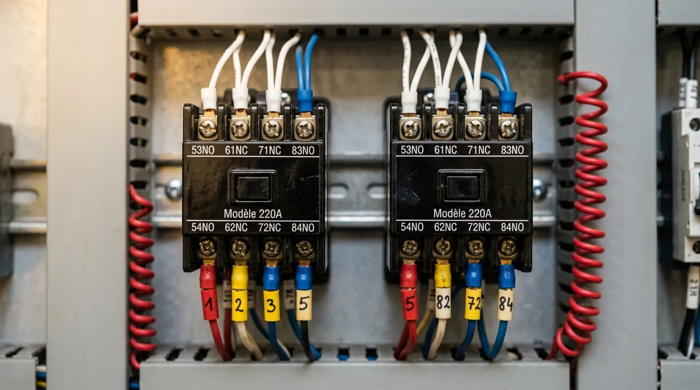 Deux relais électriques noirs avec câbles colorés connectés