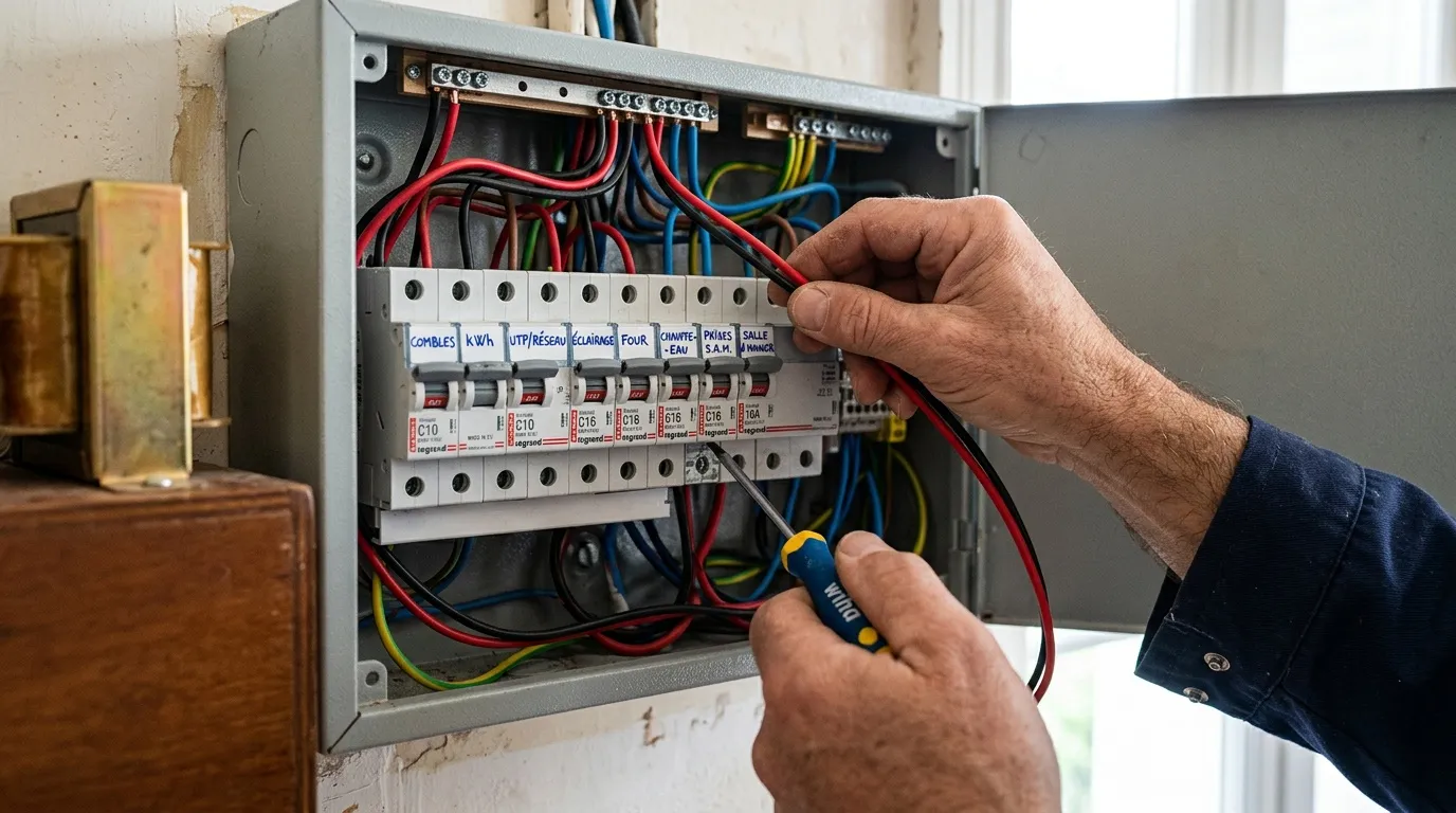 Électricien testant les circuits d'un panneau de disjoncteurs