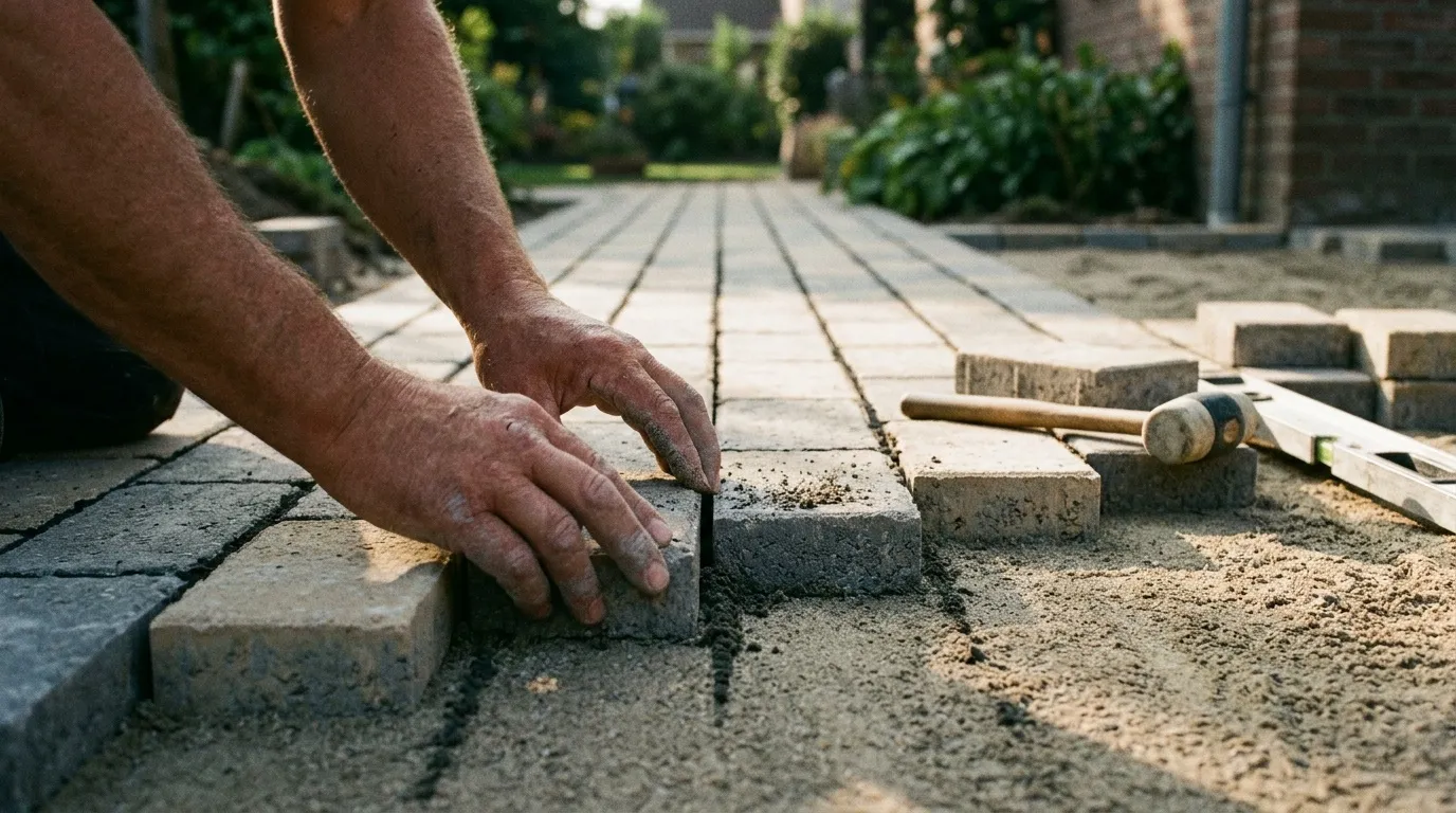 Ouvrier posant des pav&eacute;s gris sur une terrasse