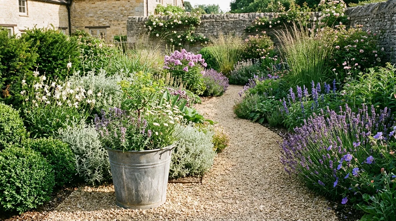 Allée de jardin avec lavandes, fleurs blanches et murets
