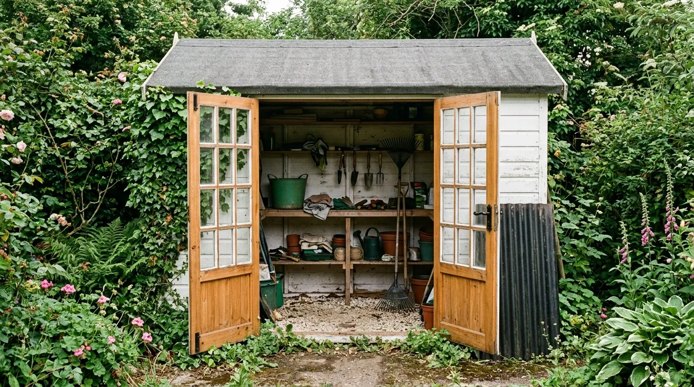 Petit abri de jardin en bois avec outils et équipements de jardinage