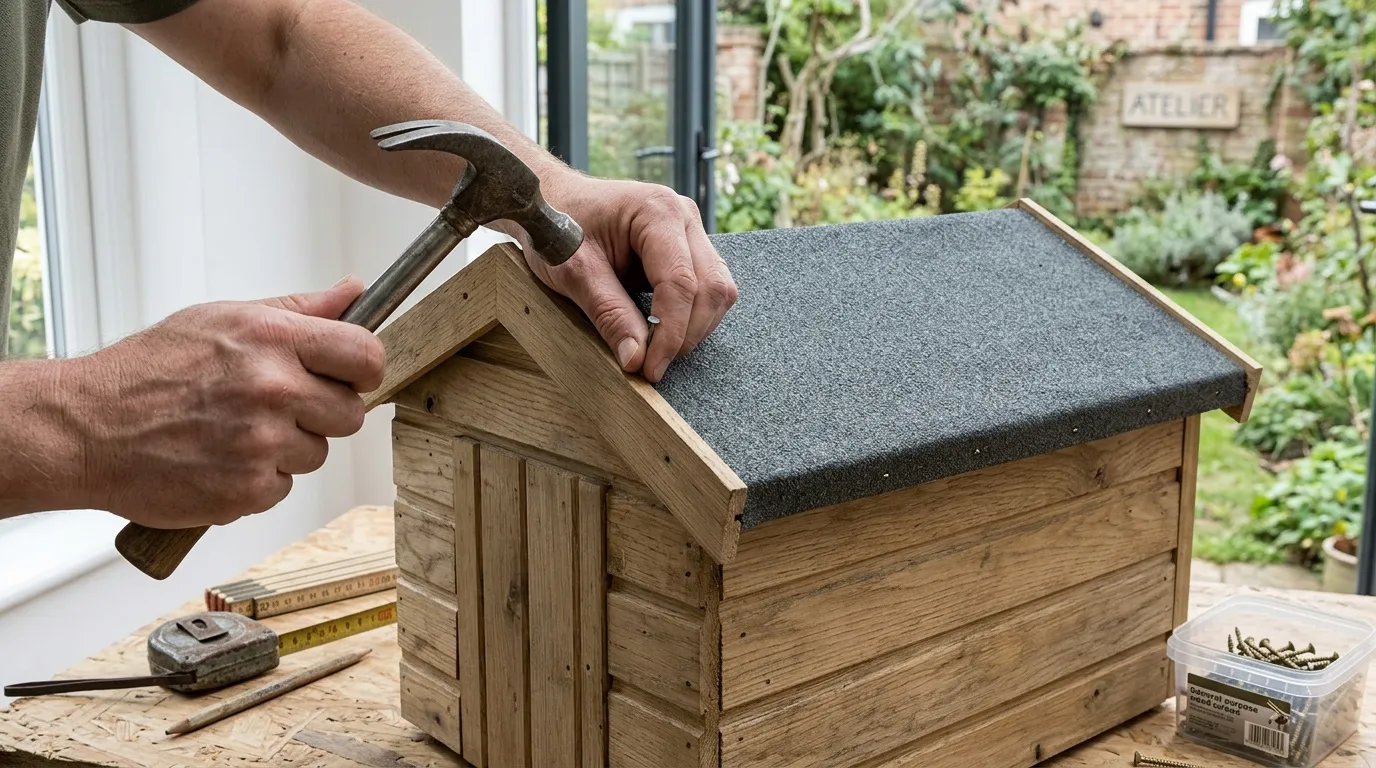 Homme enfonçant un clou dans une petite maison en bois