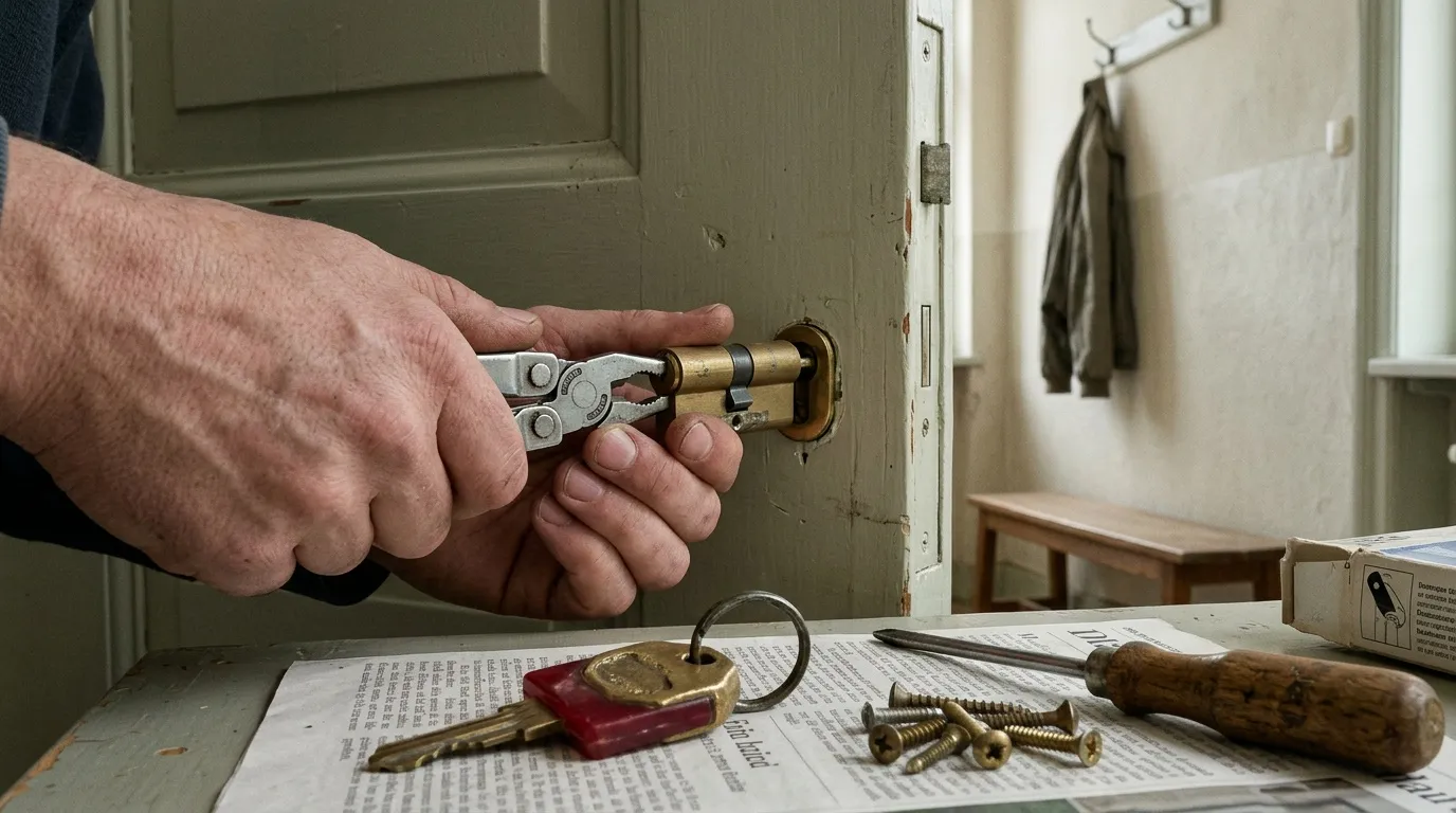 Technicien réparant une serrure de porte avec des outils