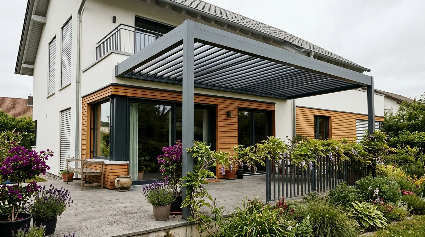 Maison avec extension bois, pergola grise et jardin paysagé