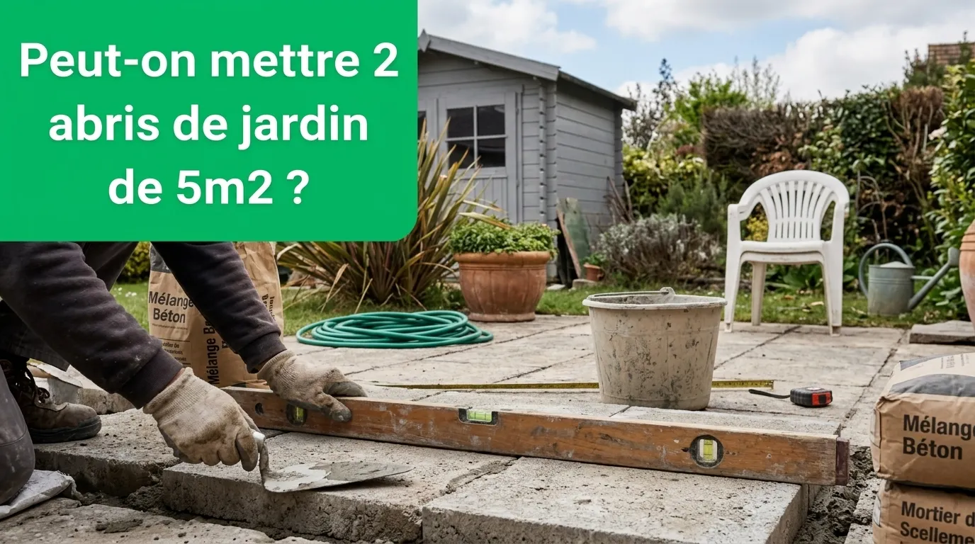 Ouvrier pose fondation béton pour petit abri jardin