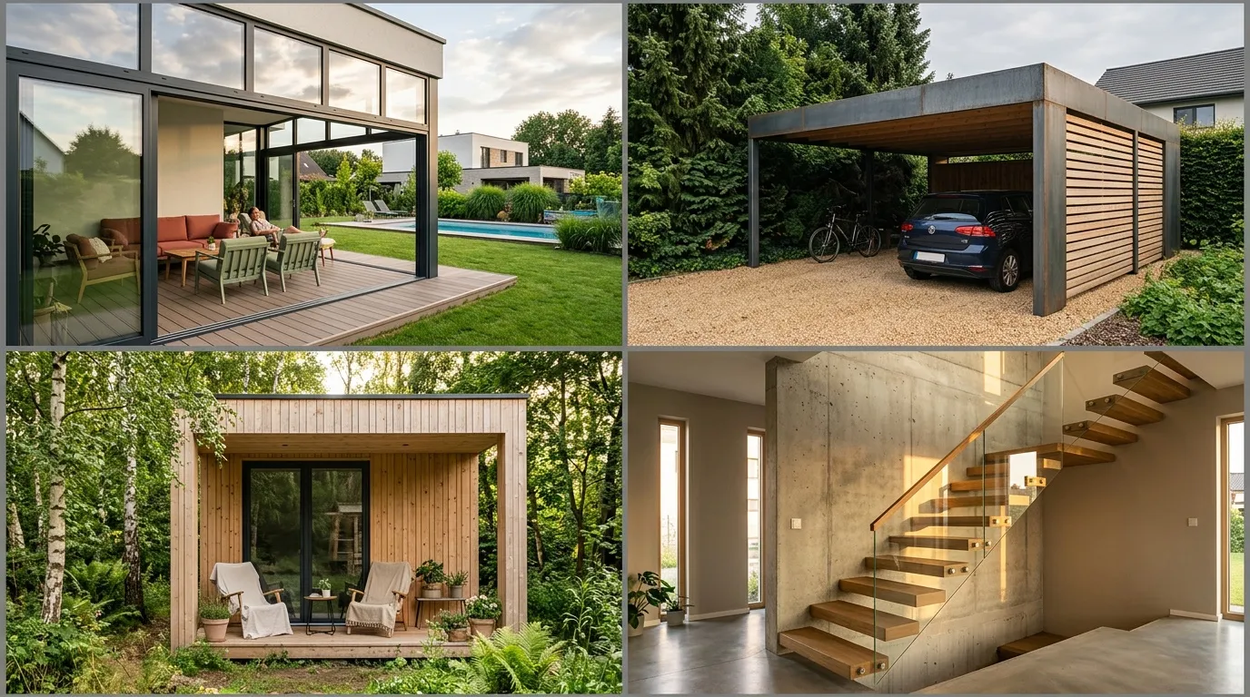 Quatre images d'architectures contemporaines : terrasse, carport, maison bois, intérieur escalier