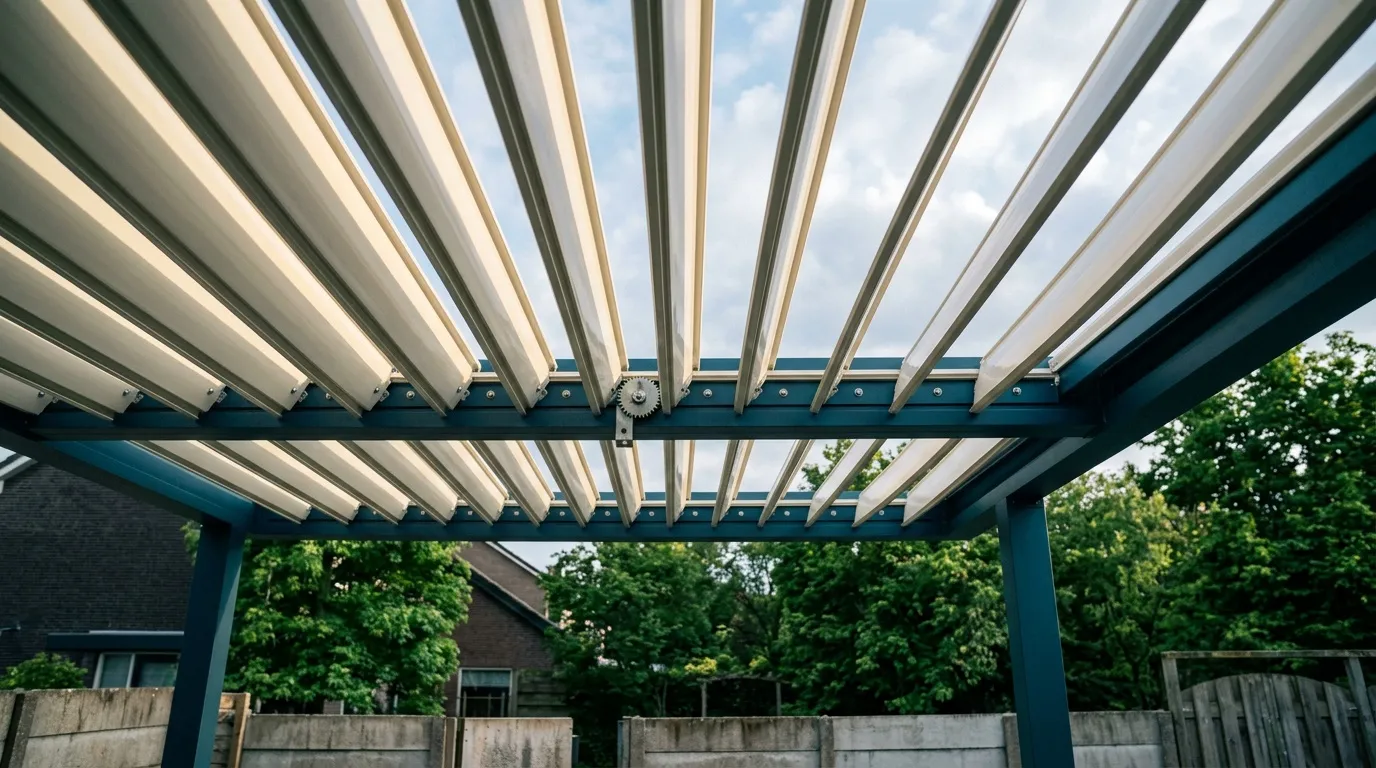 Pergola teal avec toile rétractable blanche ouverte
