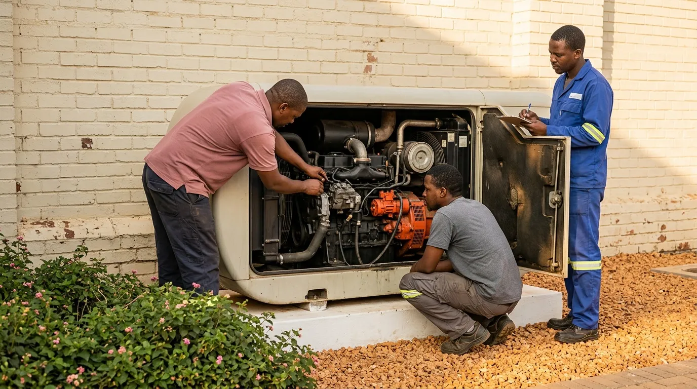 Trois techniciens inspectent et r&eacute;parent un moteur de groupe &eacute;lectrog&egrave;ne