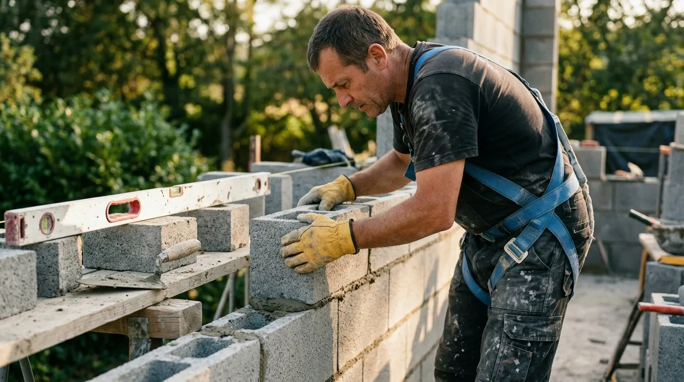 Ouvrier ma&ccedil;on posant des blocs de b&eacute;ton avec niveau et gants