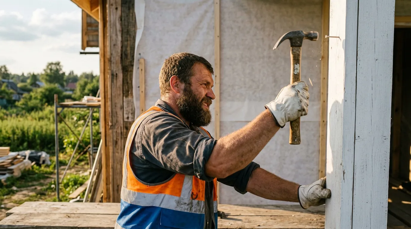 Ouvrier avec gilet orange enfon&ccedil;ant un clou dans une planche