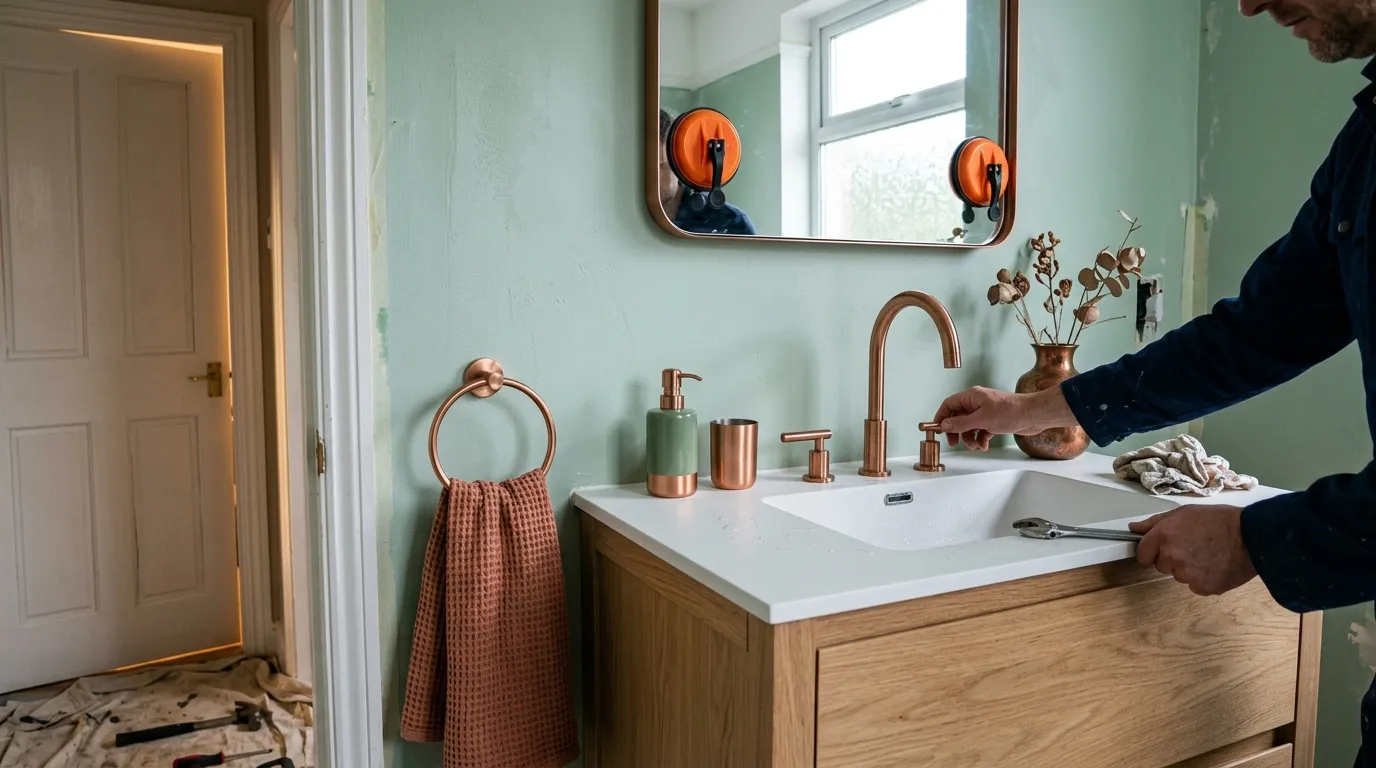 Salle de bain contemporaine avec vanit&eacute; en bois et accessoires cuivr&eacute;s