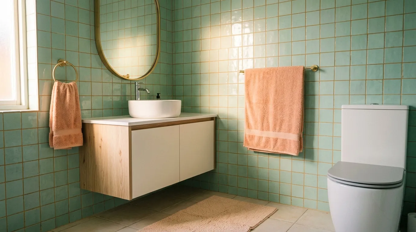 Salle de bain avec carrelage vert menthe et meuble bois