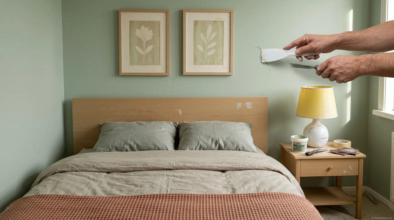 Personne tenant des draps blancs dans une chambre verte