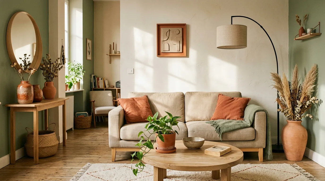 Salon avec canap&eacute; beige, plantes et d&eacute;coration terracotta