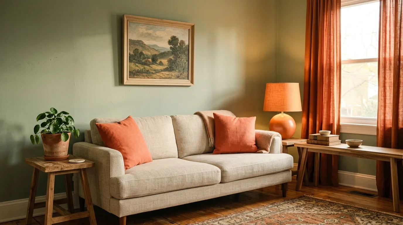 Salon avec canap&eacute; beige, coussins orange et d&eacute;coration r&eacute;tro