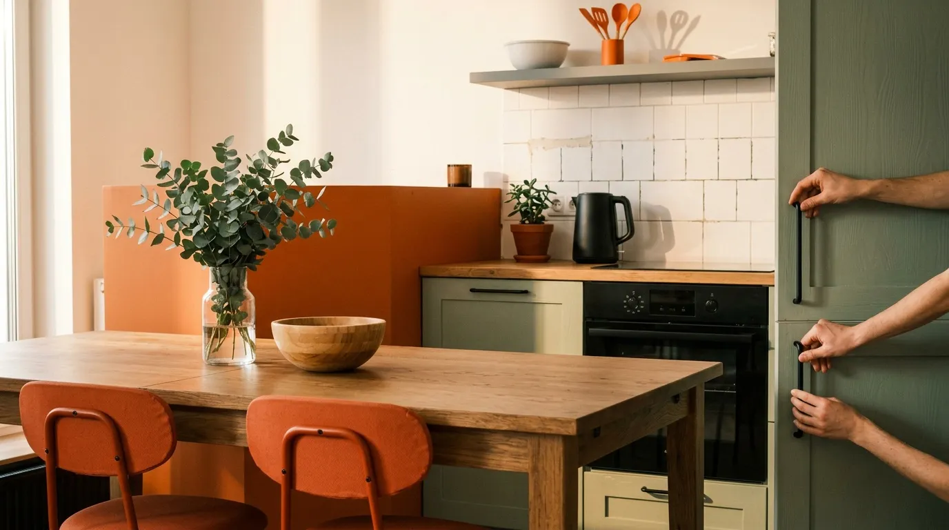 Cuisine avec murs orange et vert, table bois, chaises oranges