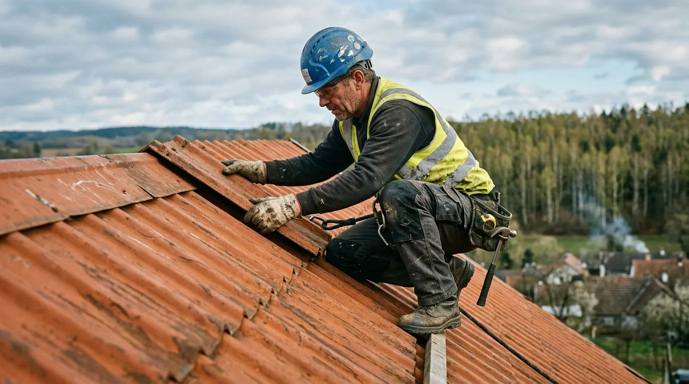 Couvreur en &eacute;quipement de s&eacute;curit&eacute; r&eacute;parant des tuiles rouges