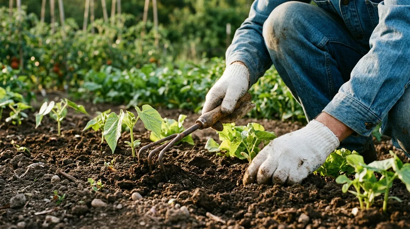 Jardinier b&ecirc;chant le sol autour de jeunes plants potagers