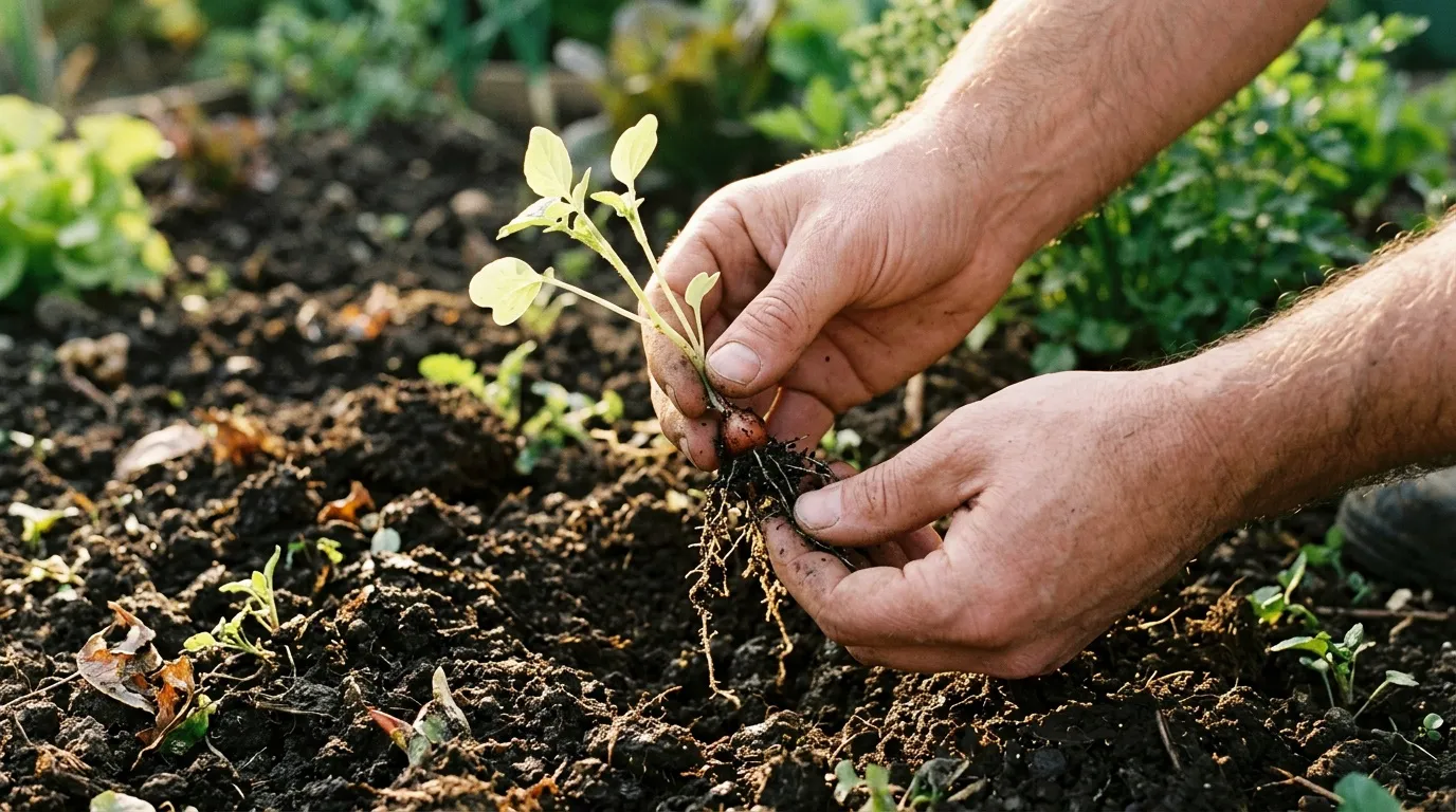Mains plantant un jeune semis dans la terre du jardin